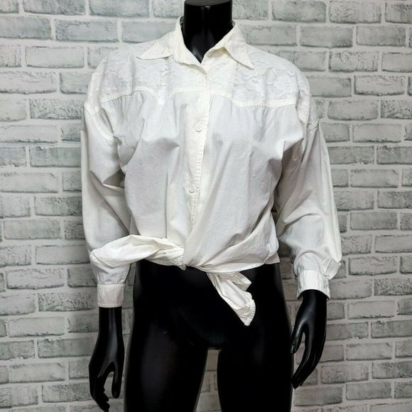 Vintage 90s Cotton Express Womens M White Button Front‎ L/S Tie Waist Lace Trim - Picture 1 of 7